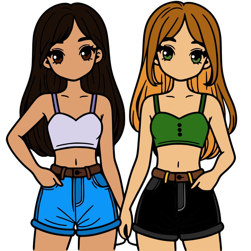 two sisters with crop tops and jean shorts and straight hair