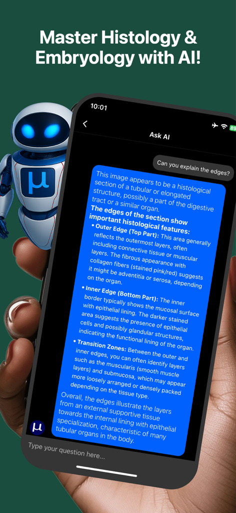 A mobile interface of the Microlab app showing an AI chatbot providing a detailed explanation of histological tissue layers.