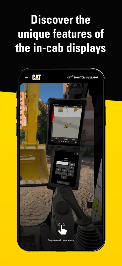 Cat® Monitor Simulator - Simulation de l'affichage en cabine Caterpillar sur un appareil mobile montrant les commandes de la machine et les données opérationnelles