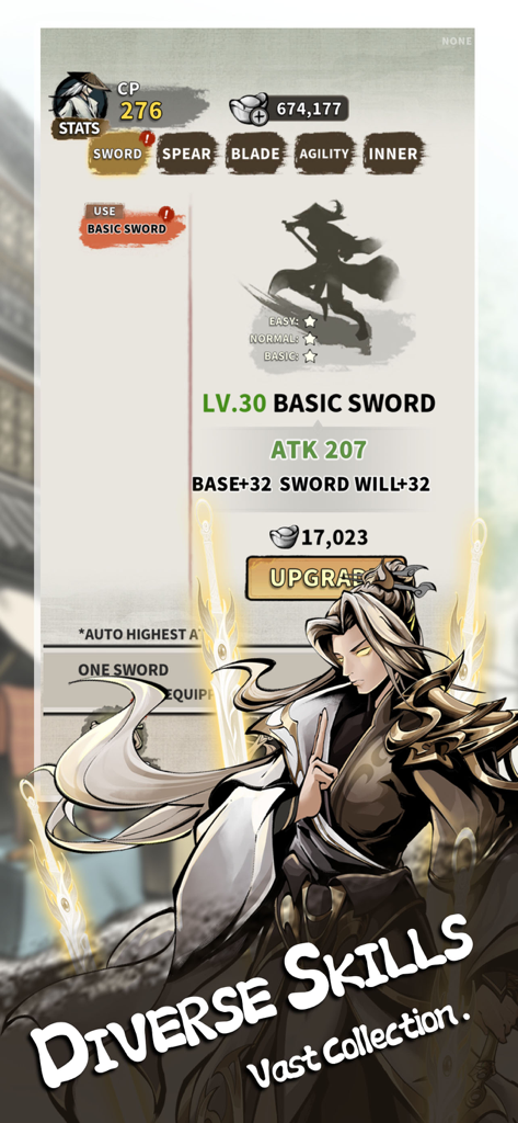 Inkblade Idlers: Wuxia RPG - Inkblade Idlers Wuxia RPG screen showing skill upgrade interface for basic sword with ink wash character art