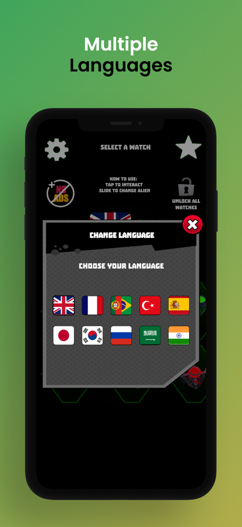 Omni-Watch 3D: Watch Simulator - Language selection screen in the Omni-Watch 3D app showing various national flags for localization