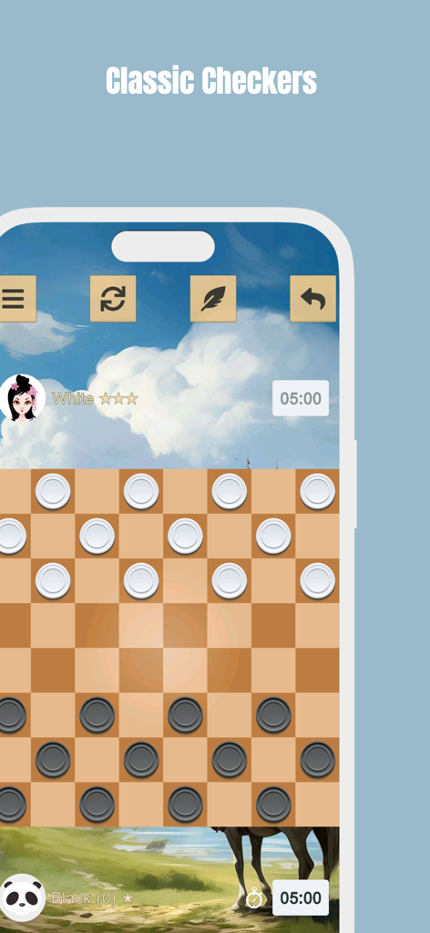 Classic checkers game interface on a smartphone screen with white and black pieces