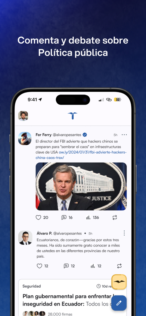 Transforma. - Écran de smartphone affichant le fil d'actualité de l'application Transforma avec des discussions politiques et des nouvelles sur l'Équateur