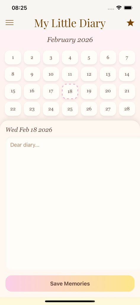 That Girl Life - Uma interface de diário digital estética rosa e dourada no aplicativo That Girl Life com um calendário e campo para entrada de diário.