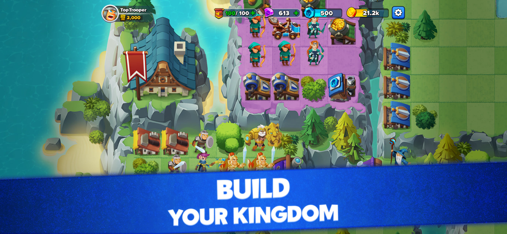 Top Troops: Adventure RPG - Top Troops Adventure RPG gameplay showing kingdom building with various units and structures