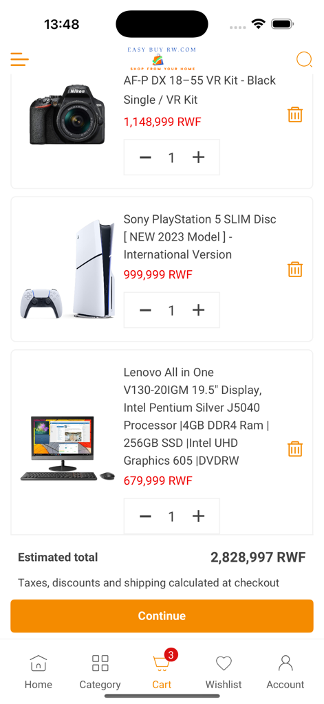 Easybuy Rw - Easybuy Rw app shopping cart interface showing high-end electronics like a Nikon camera and PlayStation 5 with prices in Rwandan Francs