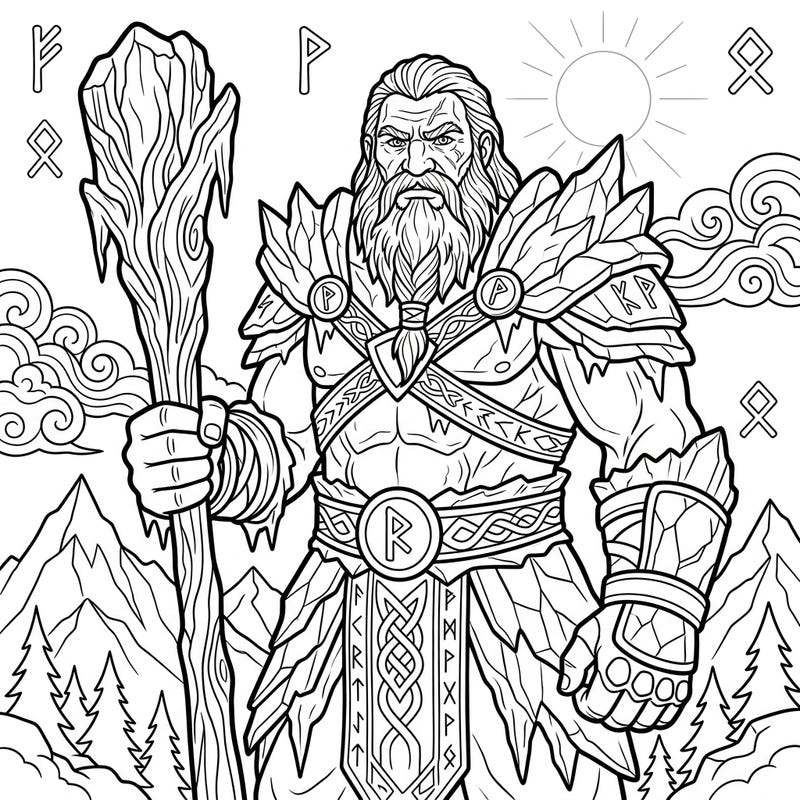 Step into a world of ancient legends with this awe-inspiring Mythological Giant coloring page. Depicting a formidable figure adorned with icy armor and runic symbols, it offers a thrilling creative challenge for all ages.