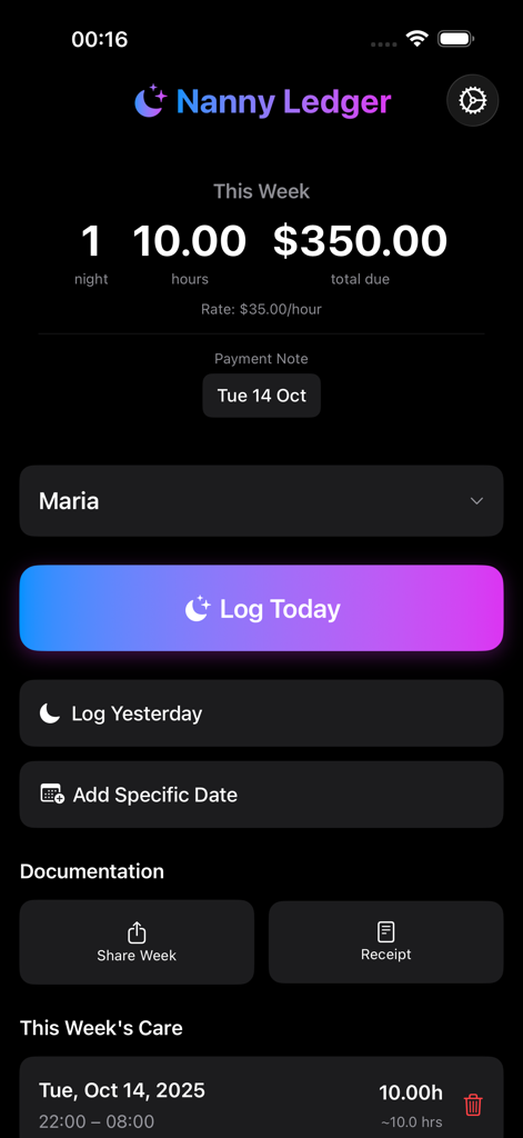 Nanny Ledger - Nanny Ledger app interface displaying weekly hours and total payment due