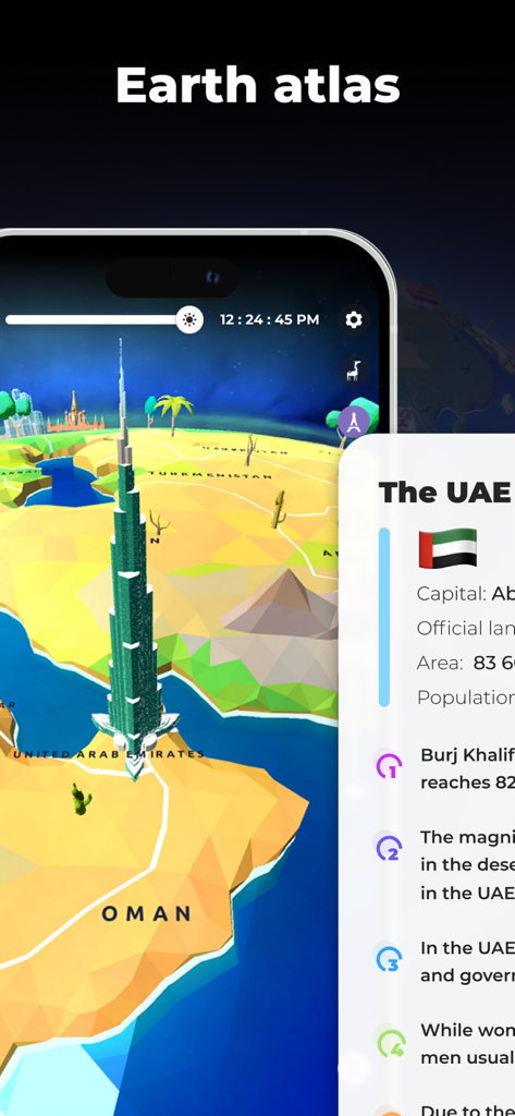 Globe Geography 3D: World Map - Interaktiver 3D-Globus, der den Burj Khalifa und Fakten über die Vereinigten Arabischen Emirate zeigt.