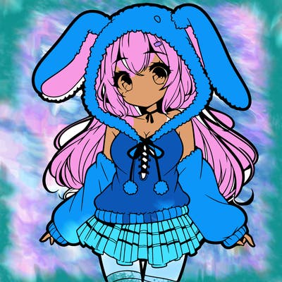 pretty anime girl wearing a fluffy hoodie with bunny ears on the hood and a skirt