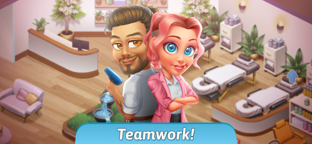 Serenity's Spa: Beauty Salon - Männliche und weibliche Mitarbeiterfiguren stehen in einem Spa Rücken an Rücken mit dem Wort Teamwork