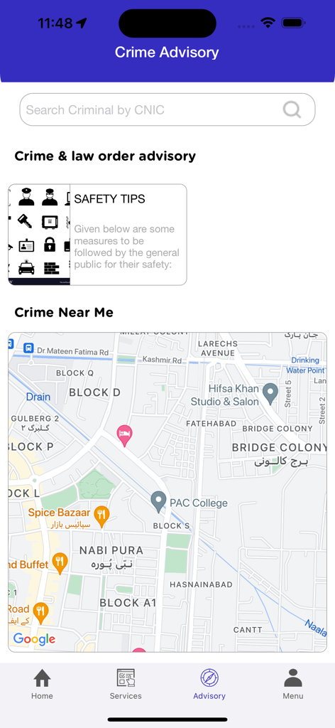 Punjab Police Pakistan - Punjab Police Pakistan app Crime Advisory screen featuring safety tips and a map showing crime near me