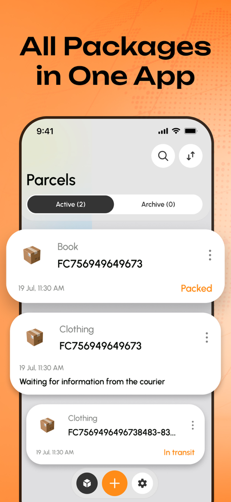 App My Parcel Delivery Tracker che visualizza informazioni di tracciamento di pacchi attivi per vari articoli