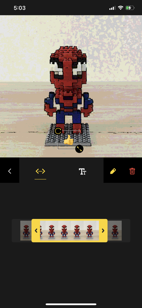 Stop Motion Factory - Interface of the Stop Motion Factory app showing the editing of a LEGO Spider-Man animation with frame timeline and stickers
