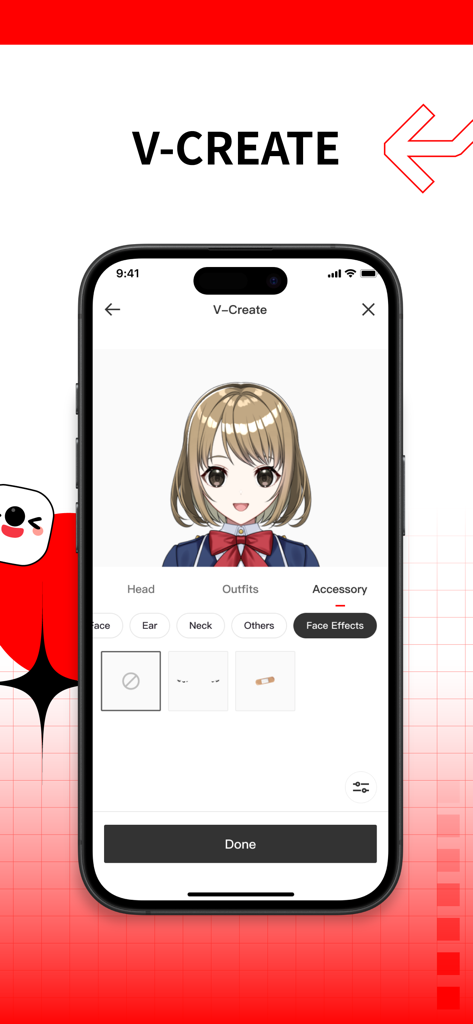 17LIVE - Live Streaming & Chat - Smartphone screen showing the 17LIVE V-CREATE feature for designing a custom anime avatar