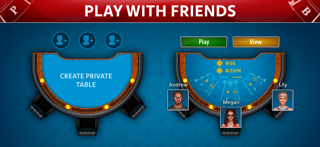 Baccarat online: Baccarist - Interfaz de la aplicación Baccarat online que muestra la función de jugar con amigos y las opciones de mesa privada