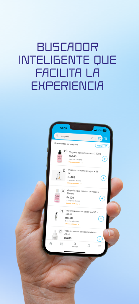Farmacias Chávez S.A. - A hand holding a smartphone showing search results for skincare products in the Farmacias Chavez mobile app.