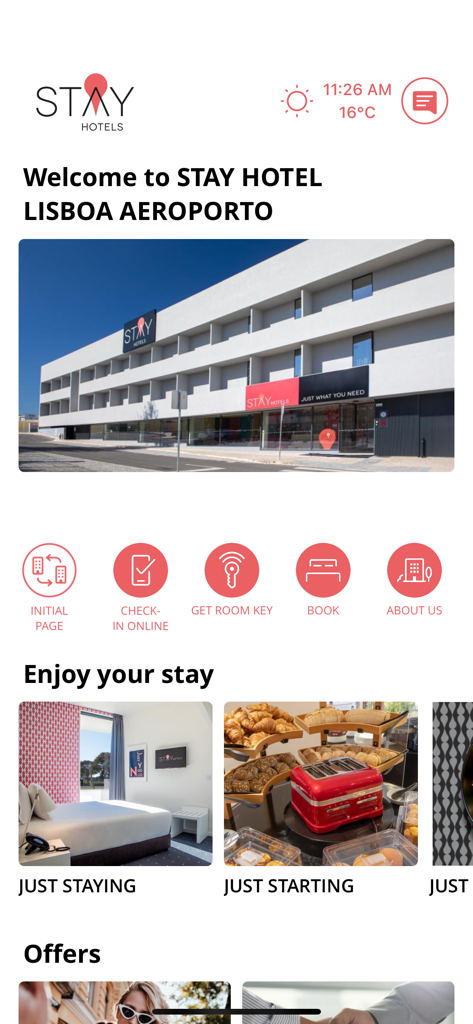 STAY HOTELS - Pantalla de inicio de la aplicación móvil STAY HOTELS con el hotel del aeropuerto de Lisboa y accesos rápidos para check-in online y llaves digitales de habitación