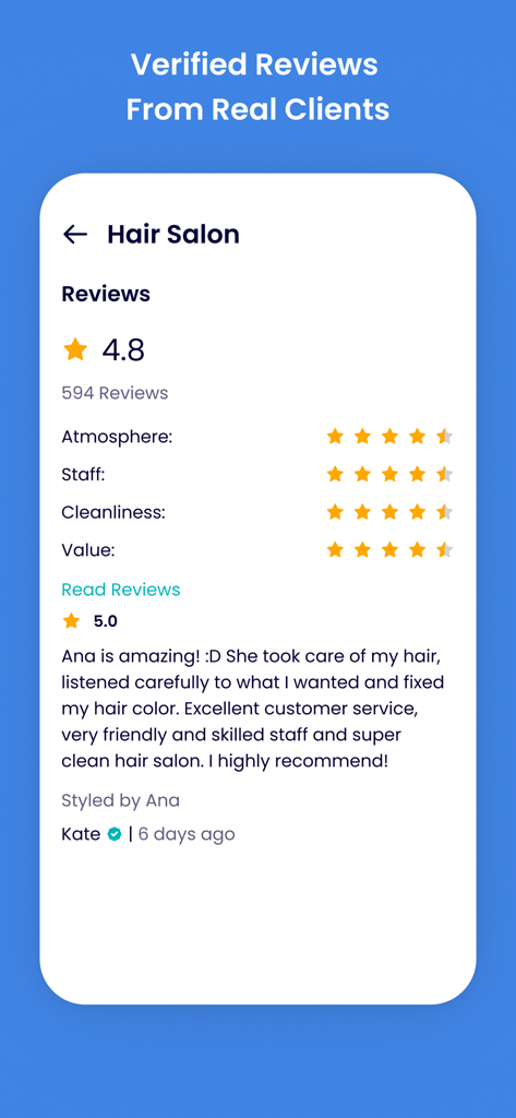 Belliata app screen displaying verified hair salon reviews and customer ratings