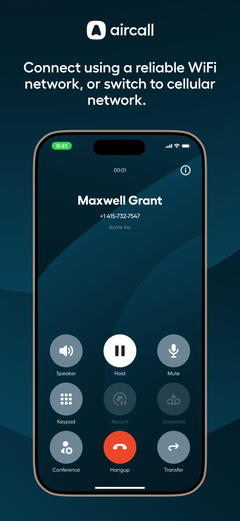 Aircall - Interfaccia di chiamata dell'app Aircall su iPhone con opzioni di comunicazione aziendale come attesa e trasferimento
