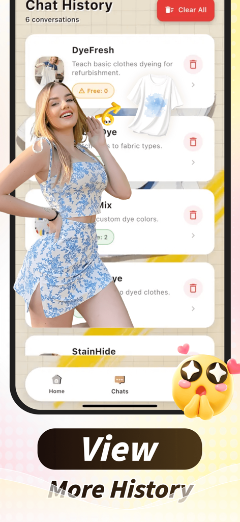 Rocy - Moment & Wonderful - 衣類染色と修復のためのさまざまなAIアドバイザーを示すRocyアプリのチャット履歴画面。