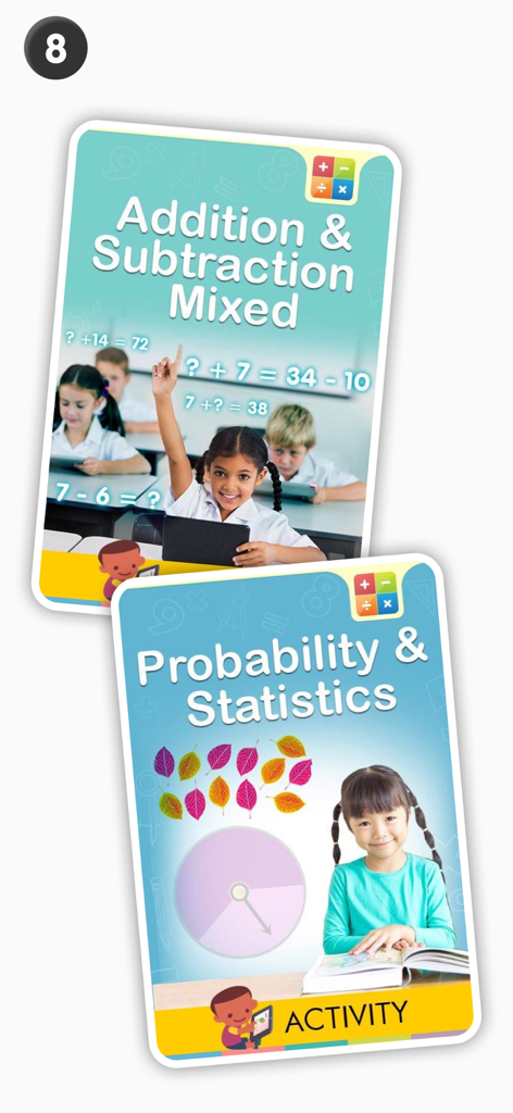 Second grade math activity cards for addition subtraction probability and statistics