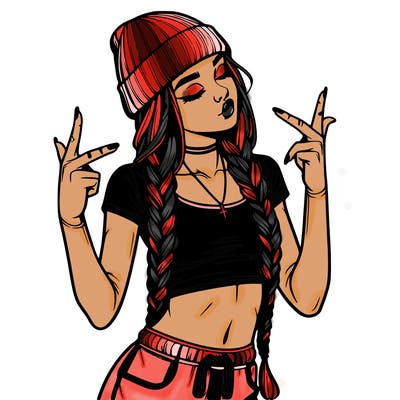 realistic teenage girl with braids and a beanie and crop top doing 🫶🏼