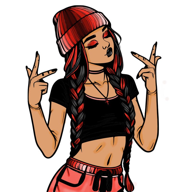 realistic teenage girl with braids and a beanie and crop top doing 🫶🏼
