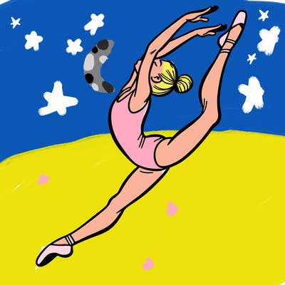 gymnast doing a leap in a leotard with a bent back leg