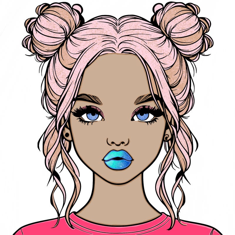 realistic girl with two buns in hair and lips