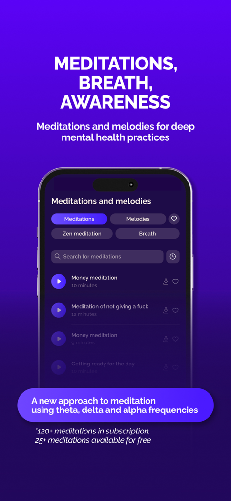 Interfaz de la aplicación AB.MONEY que muestra una lista de meditaciones y prácticas de ondas cerebrales para la conciencia y la salud mental
