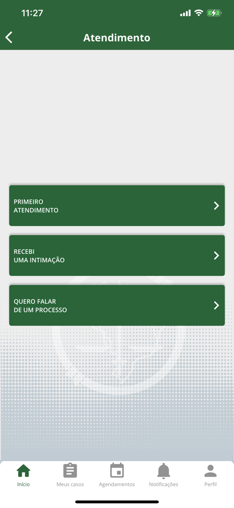 Defensoria RJ - Main service menu of the Defensoria RJ app showing legal assistance options