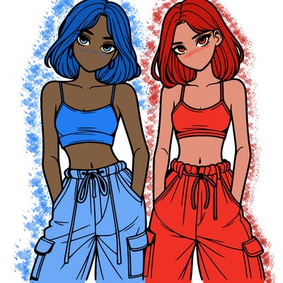 two girls with crop top with baggy pants