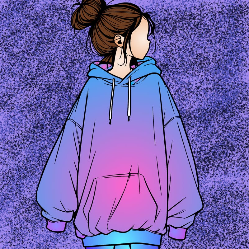 realistic girl with a oversized sweatshirt on and a bun