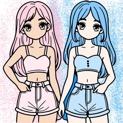 two sisters with crop tops and jean shorts and straight hair