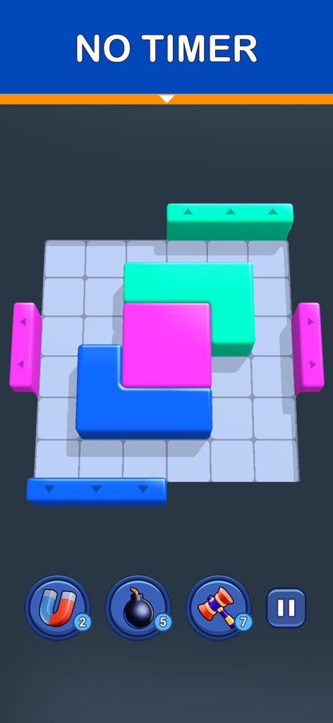 Gameplay screen of Shape Escape: Block Puzzle showing colorful blocks on a grid with a no timer banner.