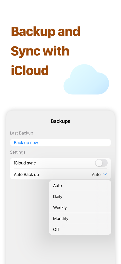 Captura de pantalla de Authenticator App que muestra la sincronización de iCloud y la configuración de copia de seguridad automática.