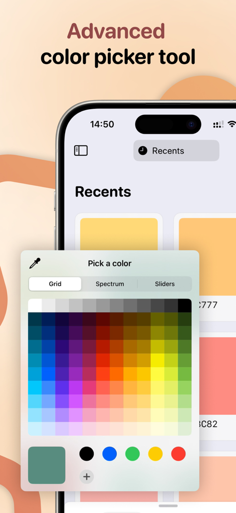 HueHouse - Color Picker - HueHouse app interface on an iPhone showing a grid-based color picker tool with various vibrant color swatches.