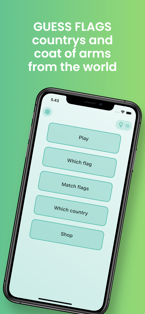 Flags game - Quiz - Menu principal do aplicativo móvel Flags game - Quiz mostrando diferentes modos de curiosidades geográficas.