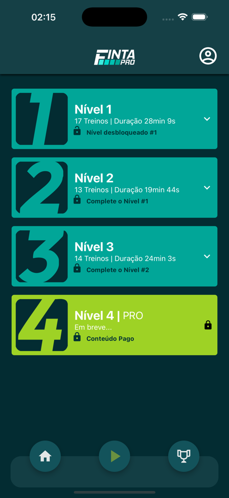 Finta PRO - Interface do aplicativo móvel Finta PRO mostrando níveis progressivos de treinamento de futebol e módulos de treino.