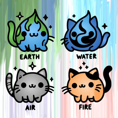 4 cats that represent the different elements, earth, water, air, and fire