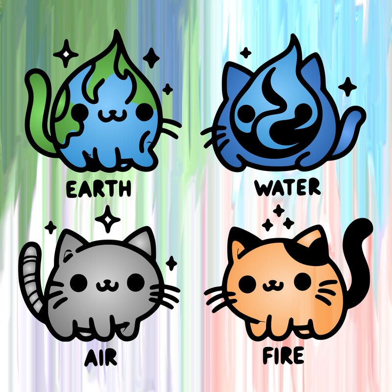 4 cats that represent the different elements, earth, water, air, and fire
