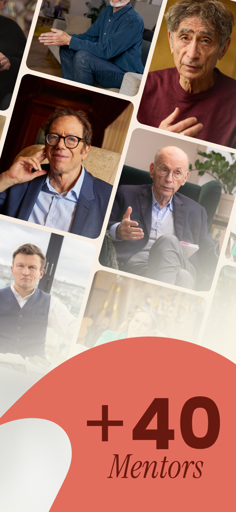 MentorShow - A collage of portraits featuring various expert mentors like Robert Greene and Gabor Mate with a caption saying plus forty mentors