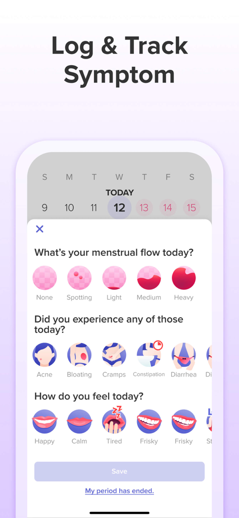 Glow Eve mobile app screen for logging daily menstrual flow and health symptoms.