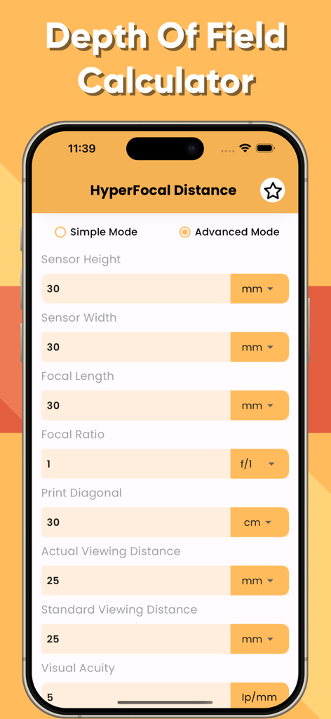 HyperFocal Pro写真アプリの高度な被写界深度計算ツールのインターフェース