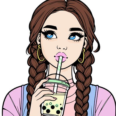 realistic girl with braided hair drinking boba