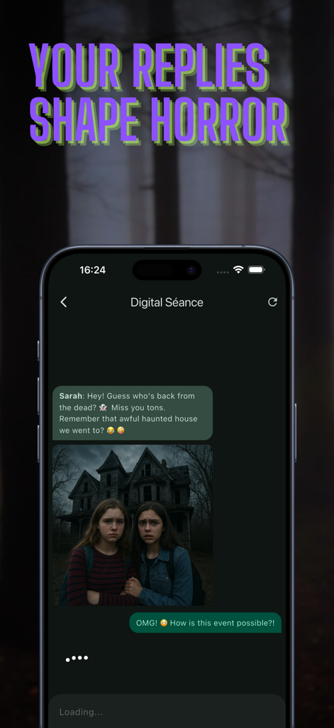 Captura de tela de aplicativo móvel mostrando uma interface de ficção de chat interativa com mensagens e fotos de temática de terror.