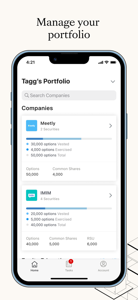 Carta app dashboard displaying a user's equity portfolio with details on vested and exercised stock options across different companies.