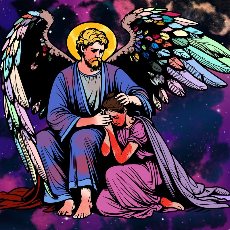 realistic angel man with big wings holding around his crying grown up daughter