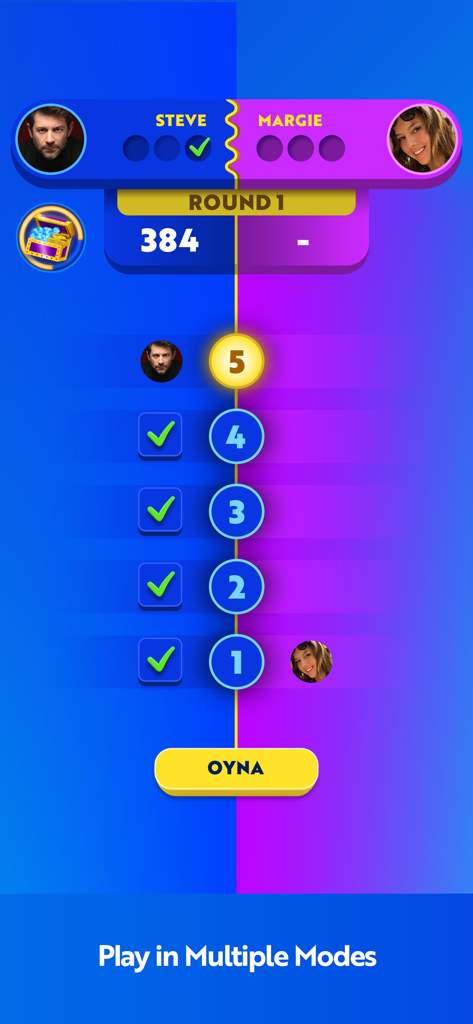 Quiz Crush: Trivia & Friends - A head to head trivia match between two players in the Quiz Crush app.